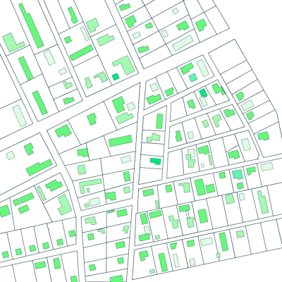 Kartendarstellung mit grün markierten Gebäuden zur Darstellung des Wärmebedarfs